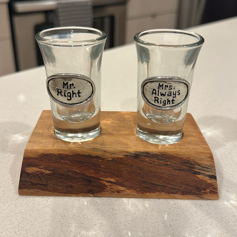 His & Hers Shot Glasses w Wooden Stand